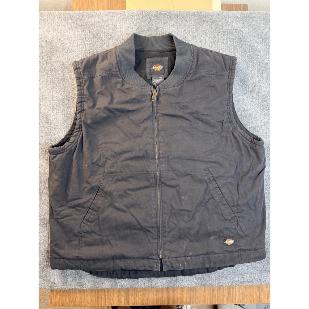 Dickies Mens 2XL Black Duck Canvas Insulated Workwear Vest Faded Stained Zip Up